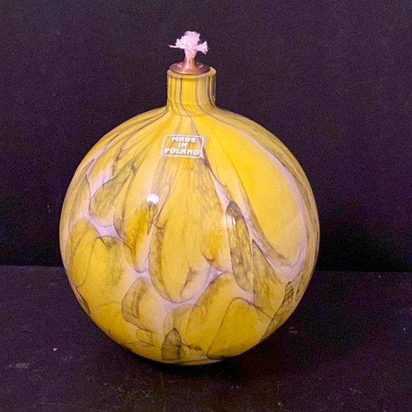 Handmade in Poland Glass Blown Bulbous Globe Oil Lamp Yellow Gray Abstract - Picture 1 of 3